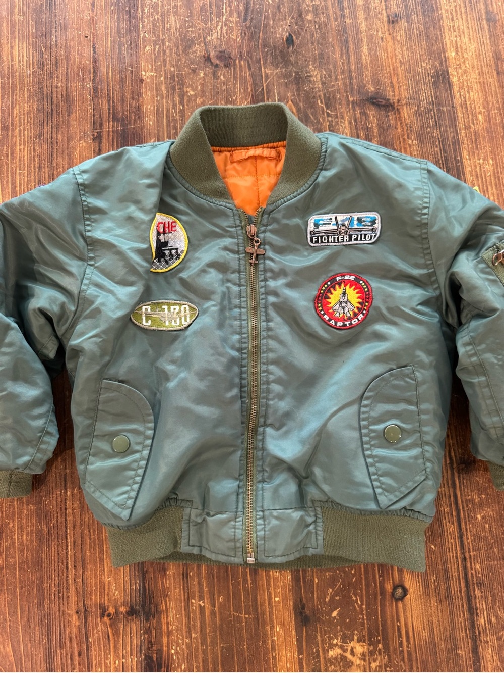 Kids Military-Style Bomber Jacket with Patches - Olive Green